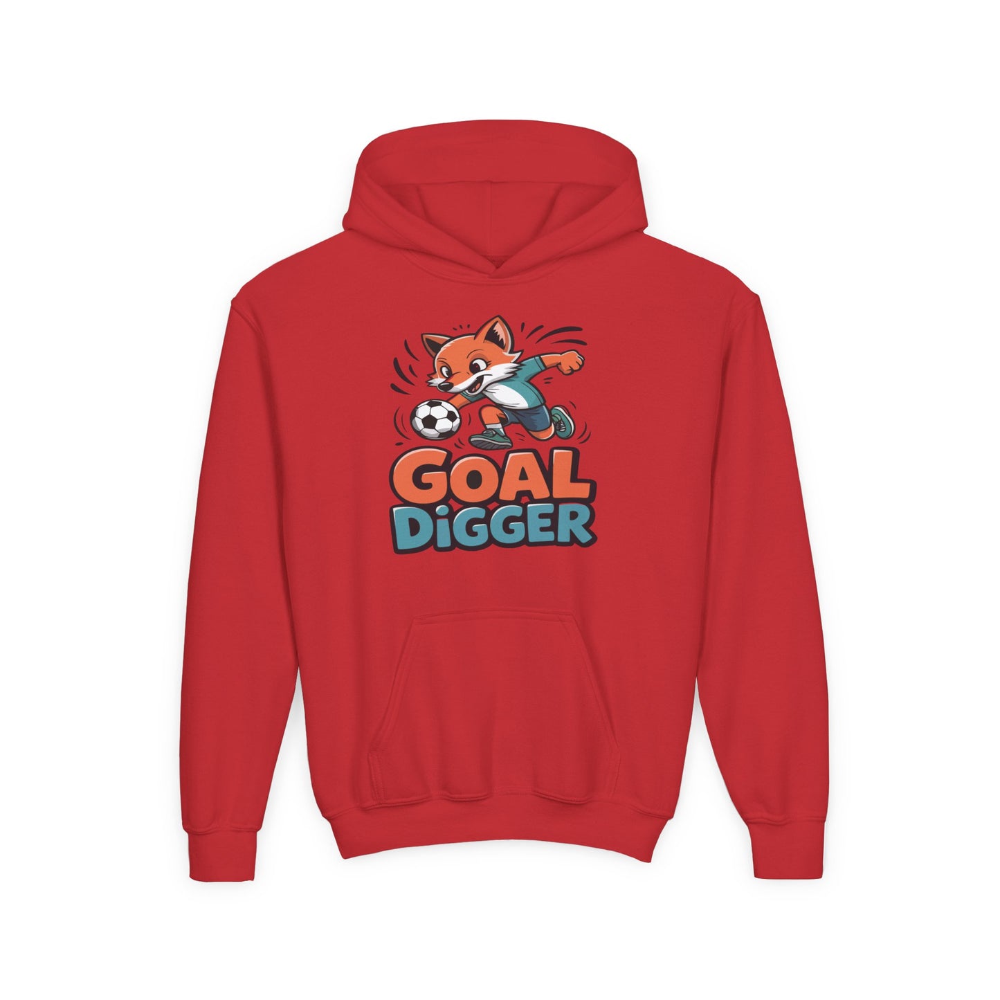 Children’s hoodie showing a playful fox soccer design with bold lettering TEEZOCA