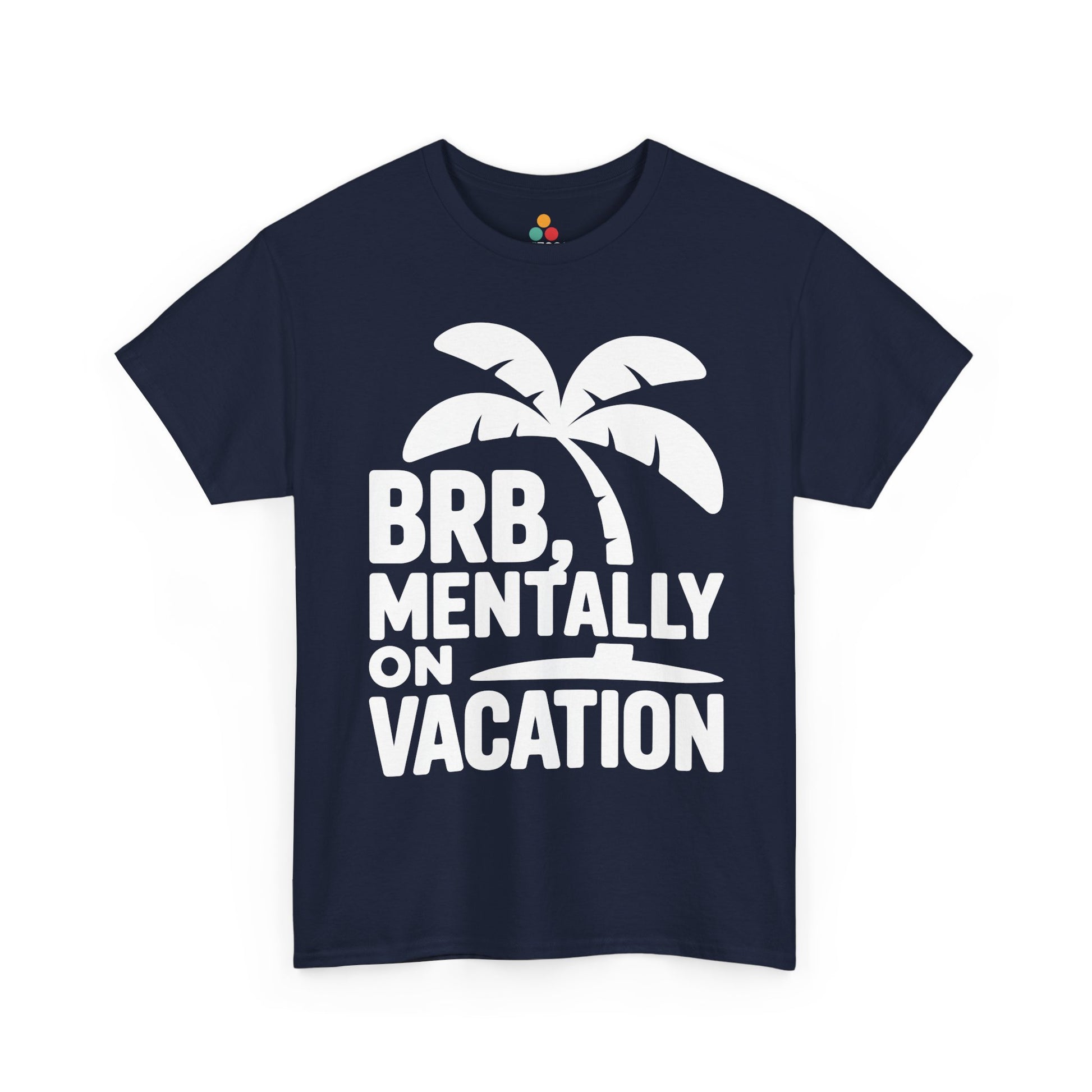 Navy t-shirt with palm tree design and text 'BRB, Mentally on Vacation' on a white background | TEEZOCA
