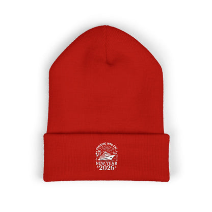 Red beanie with 'Coming into the New Year 2026' text and design on a white background