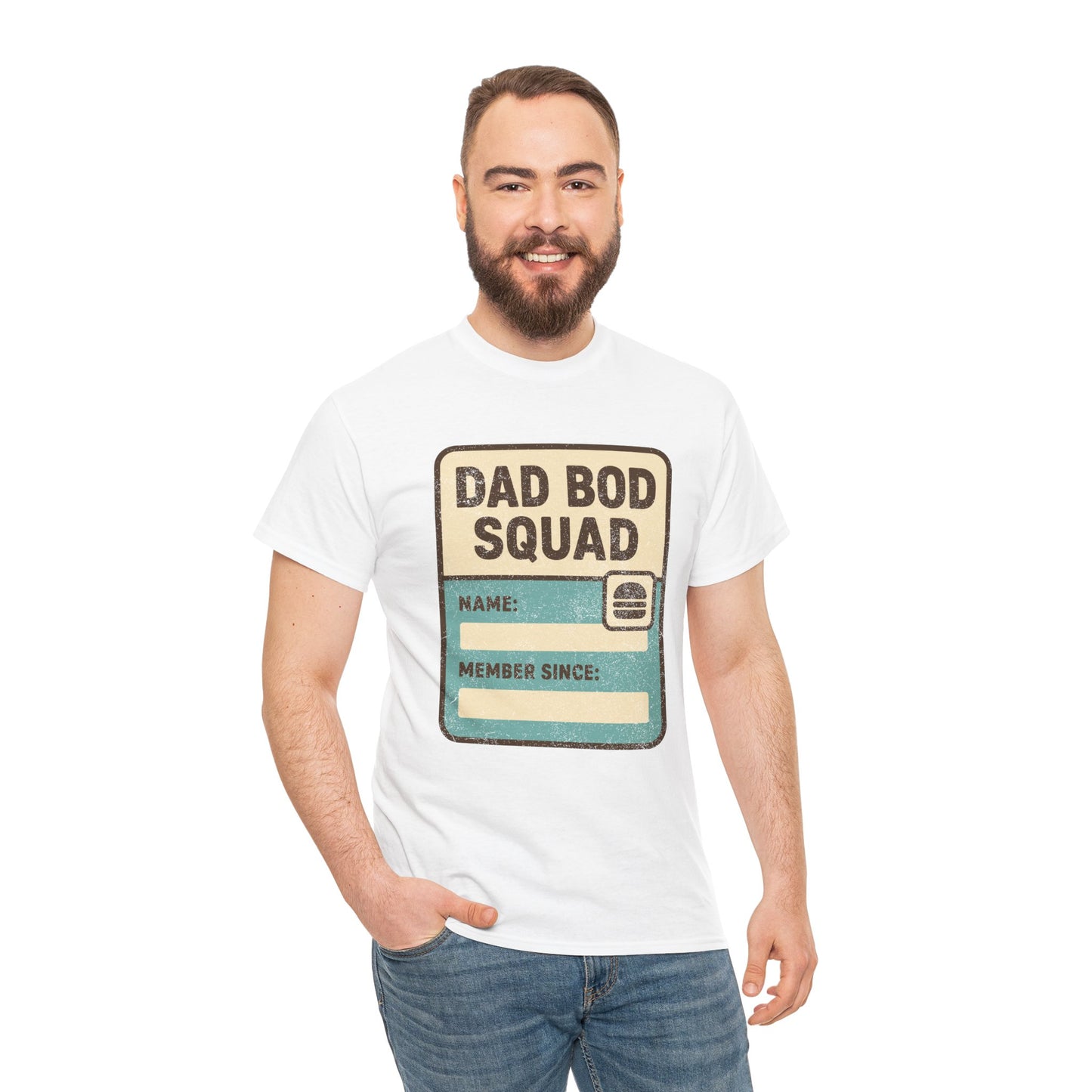 DAD wearing a white t-shirt with 'Dad Bod Squad' graphic design on a white background