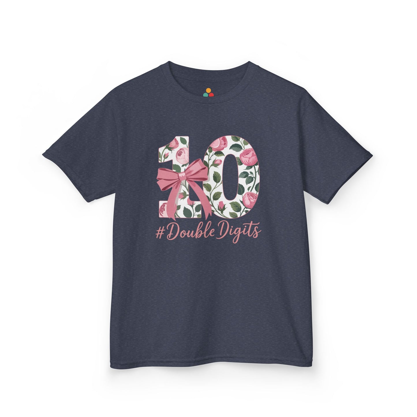 “Navy blue 10th birthday floral ‘#DoubleDigits’ shirt, rose‑filled 10 and pink bow, girls double digits tee, flat view.”

