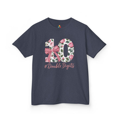 “Navy blue 10th birthday floral ‘#DoubleDigits’ shirt, rose‑filled 10 and pink bow, girls double digits tee, flat view.”

