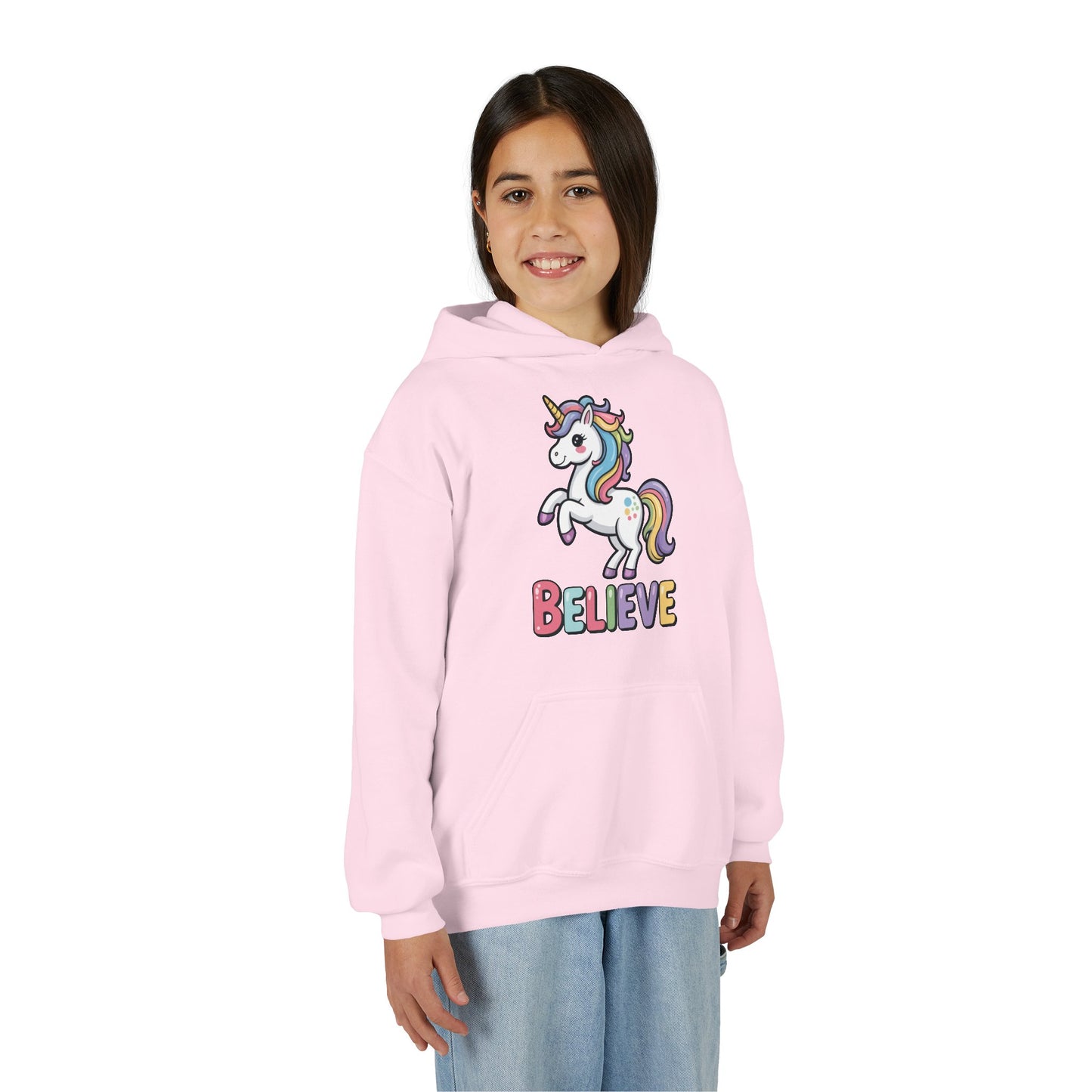 Youth Unicorn "Believe" Hoodie – Cute Rainbow Magic Kids Sweatshirt TEEZOCA