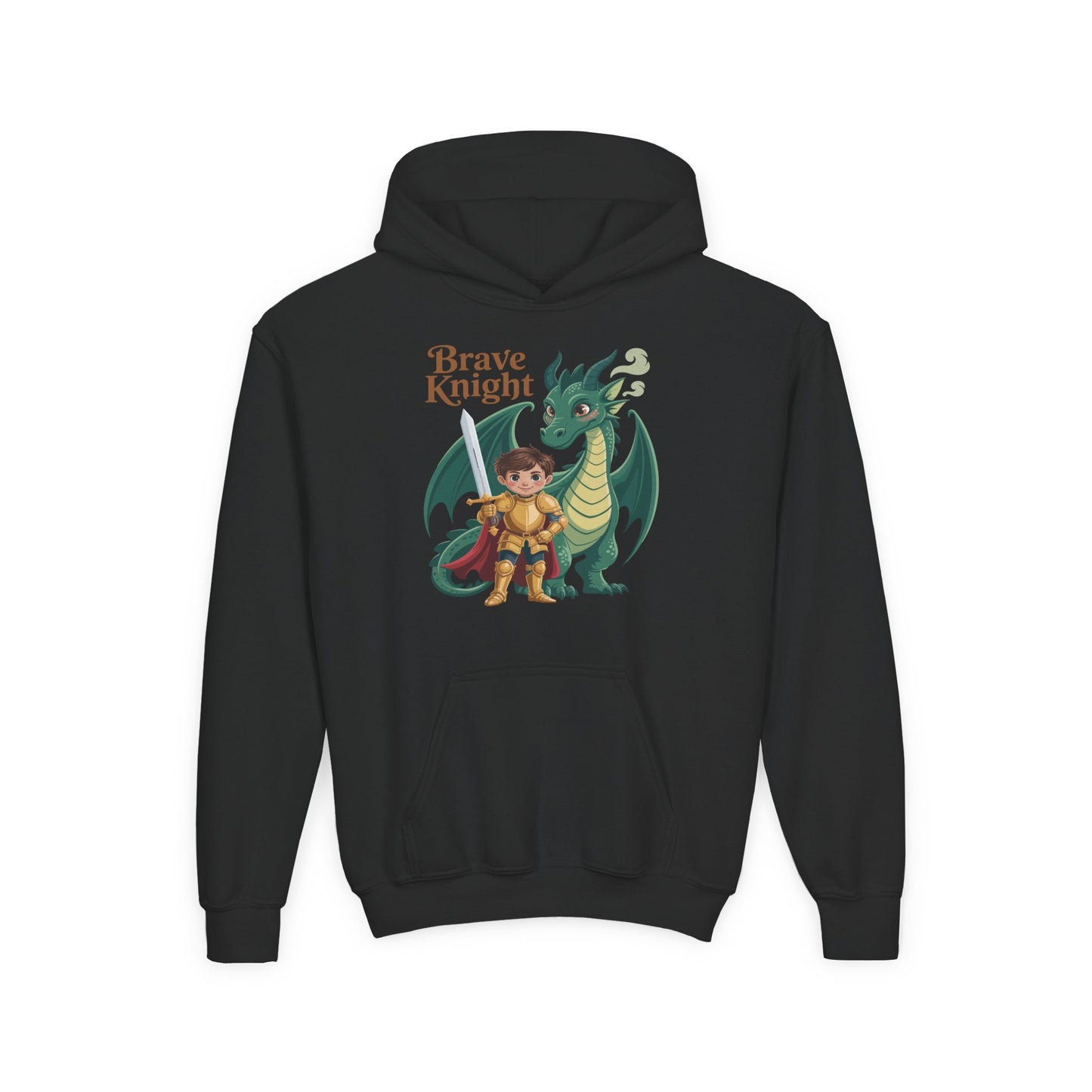Brave Knight Youth Hoodie — Cute Dragon & Knight Graphic Sweatshirt for Kids TEEZOCA