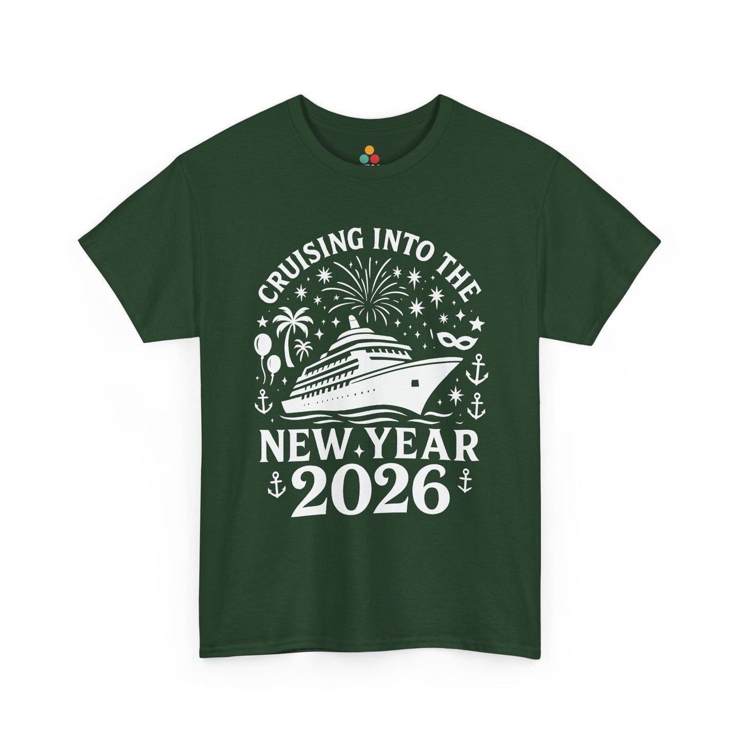 Green t-shirt with New Year's design featuring a cruise ship and text on a white background