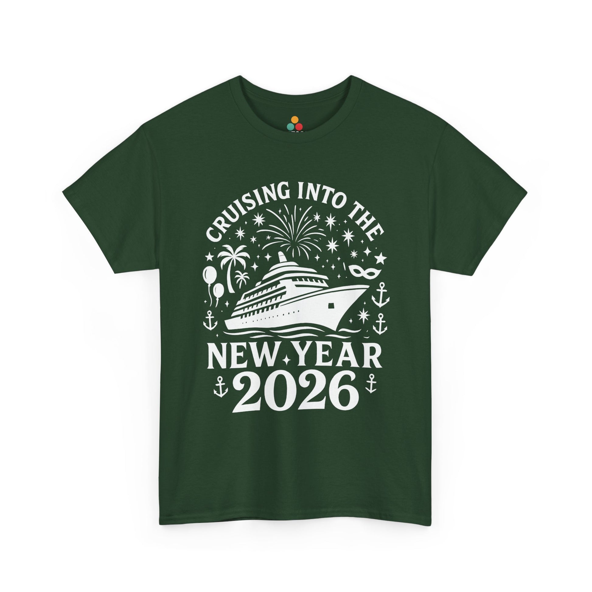 Green t-shirt with New Year's design featuring a cruise ship and text on a white background