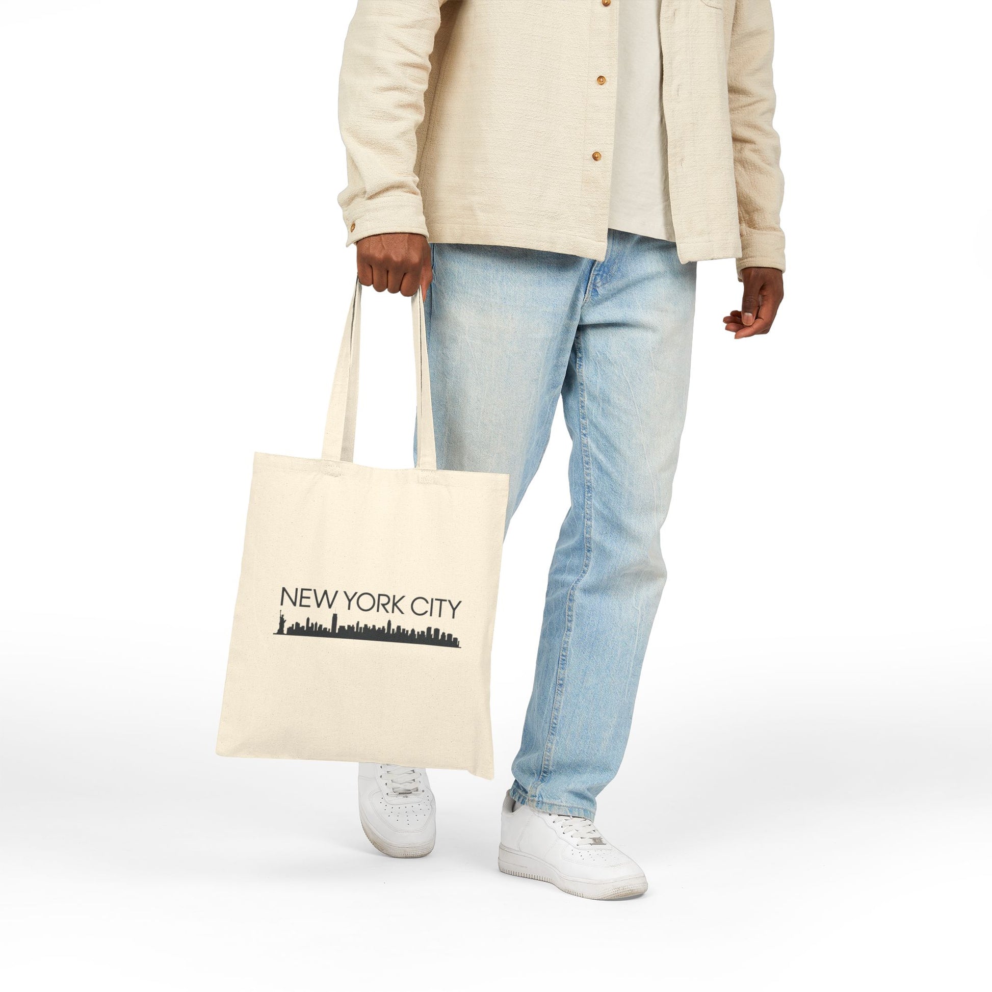 New York City skyline graphic with modern typography on a TEEZOCA tote bag