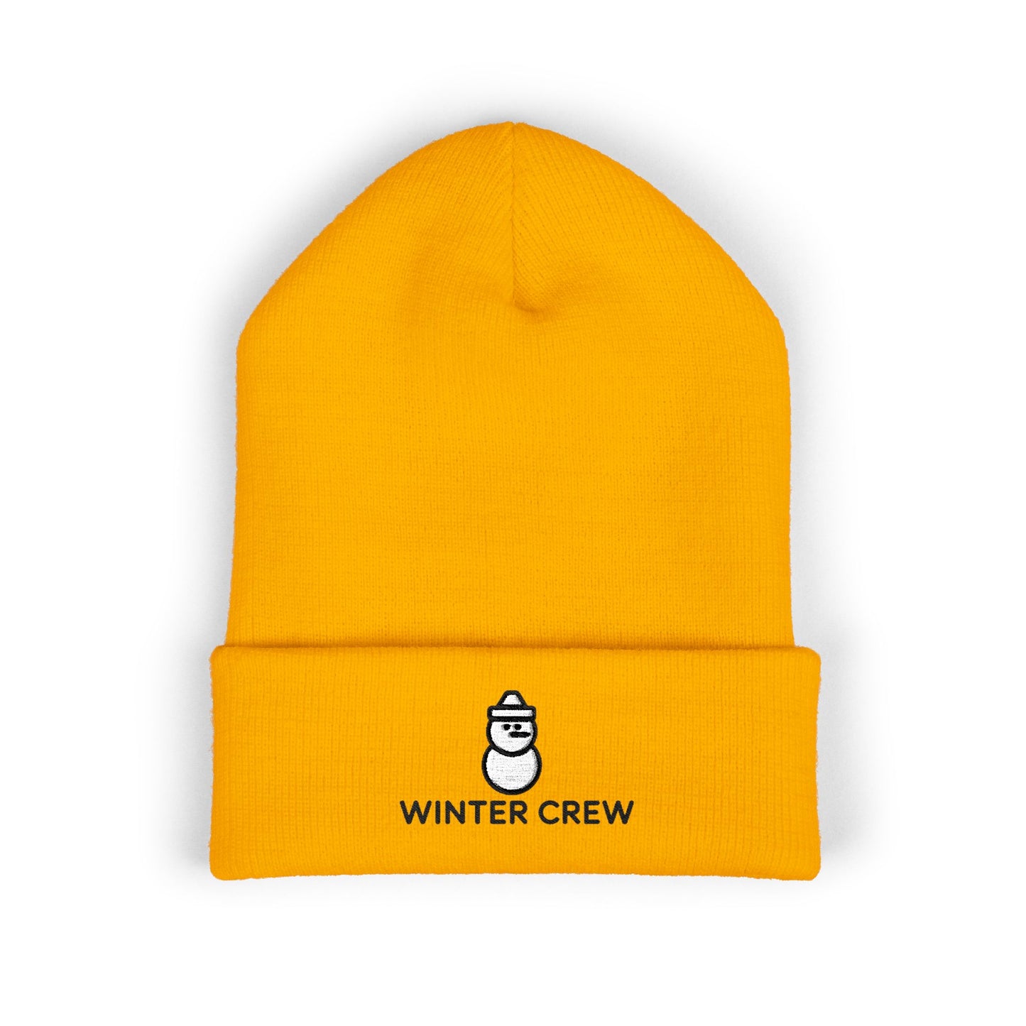 Yellow beanie with 'Winter Crew' logo on a white background. Embroidered Winter Crew beanie with minimalist snowman icon on the cuff