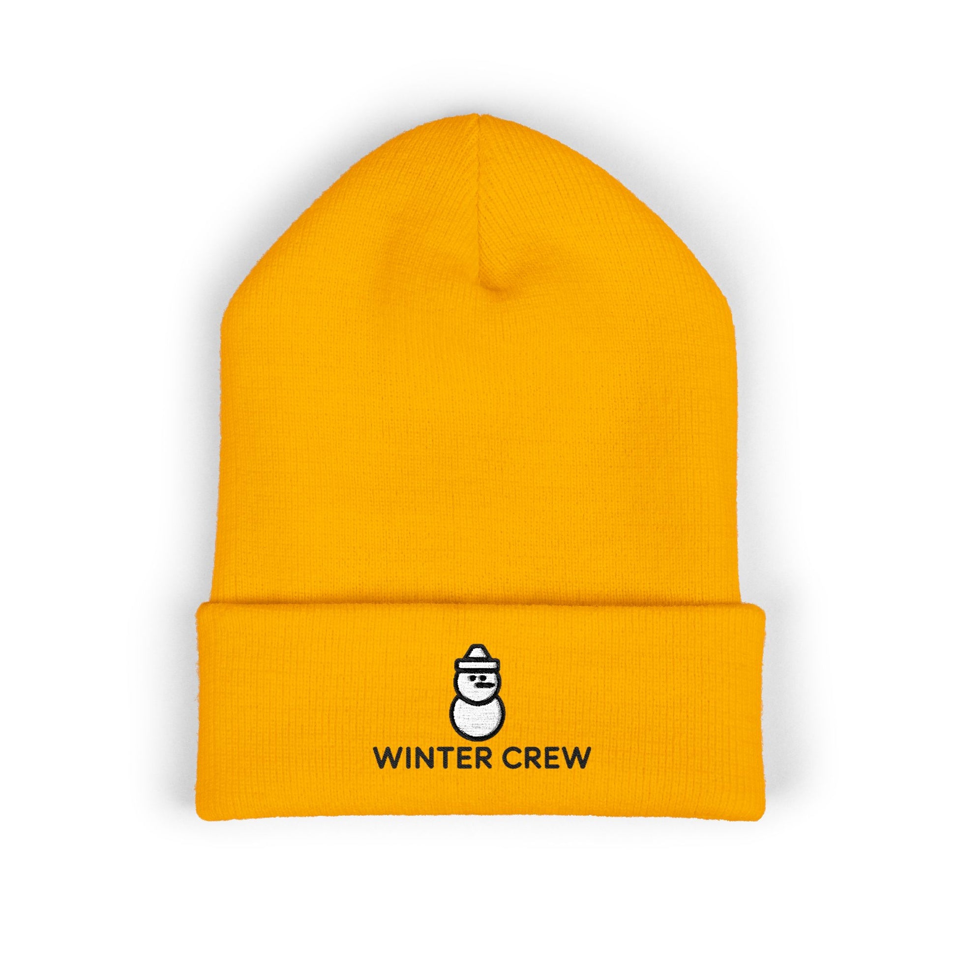 Yellow beanie with 'Winter Crew' logo on a white background. Embroidered Winter Crew beanie with minimalist snowman icon on the cuff
