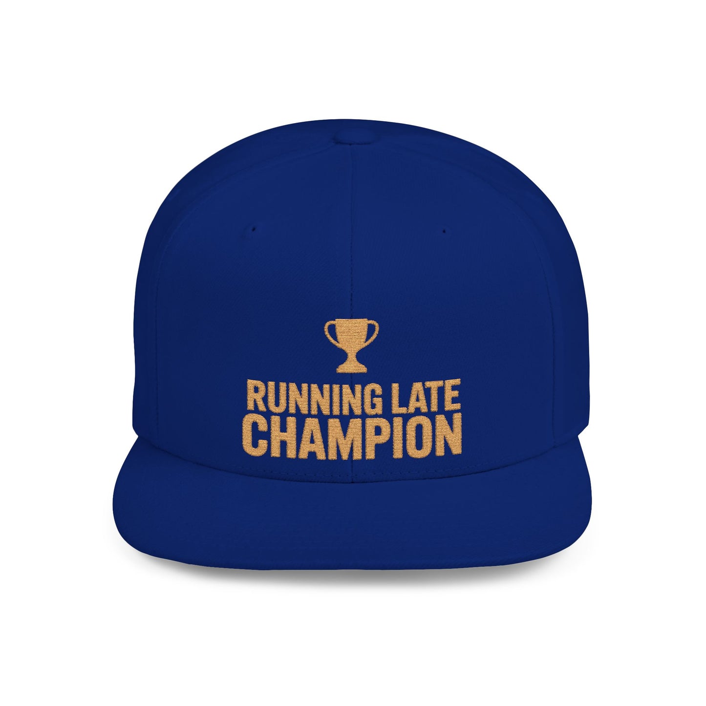 Blue cap with 'Running Late Champion' text and trophy graphic on a white background