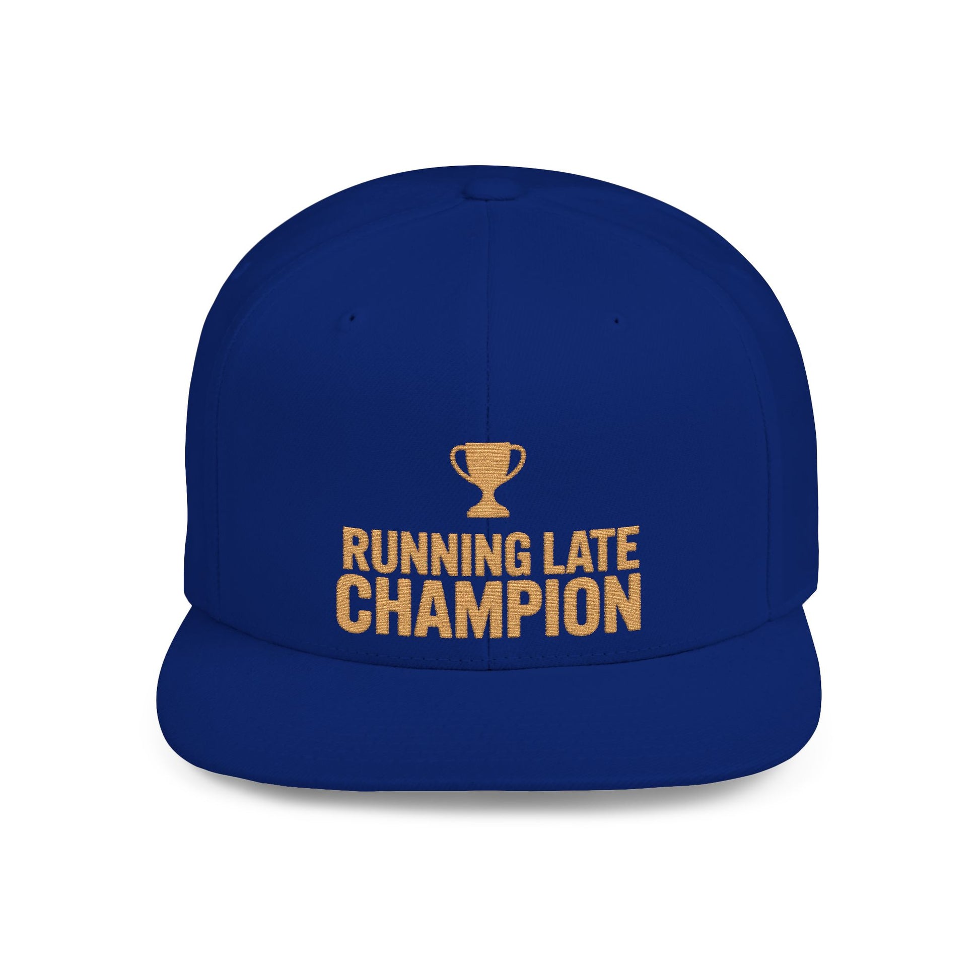 Blue cap with 'Running Late Champion' text and trophy graphic on a white background