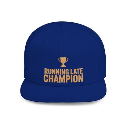 Blue cap with 'Running Late Champion' text and trophy graphic on a white background