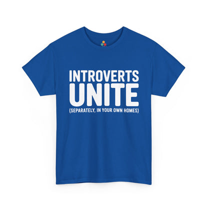 Blue t-shirt with 'INTROVERTS UNITE (SEPARATELY, IN YOUR OWN HOMES)' text on a white background | TEEZOCA