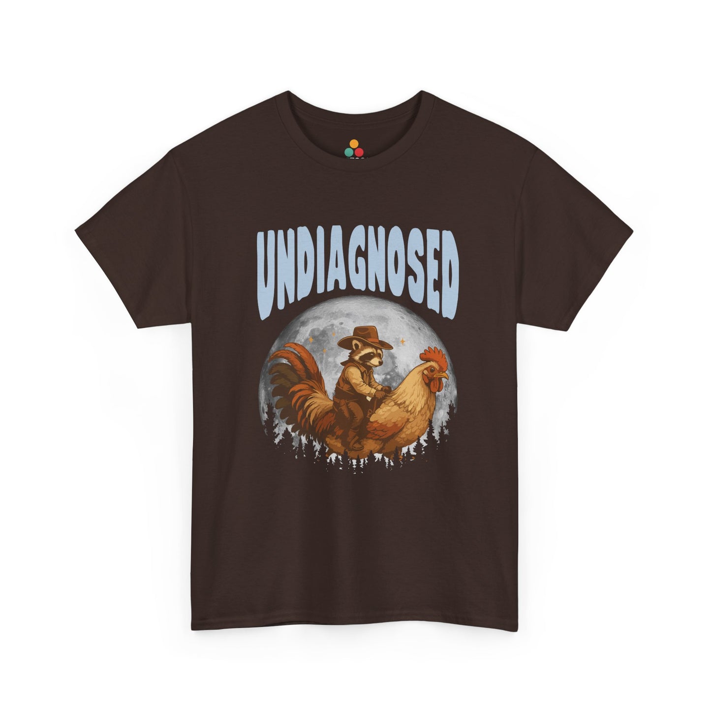 "Brown graphic tee featuring 'Undiagnosed' retro western design with illustrated figures and desert background, flat front."
