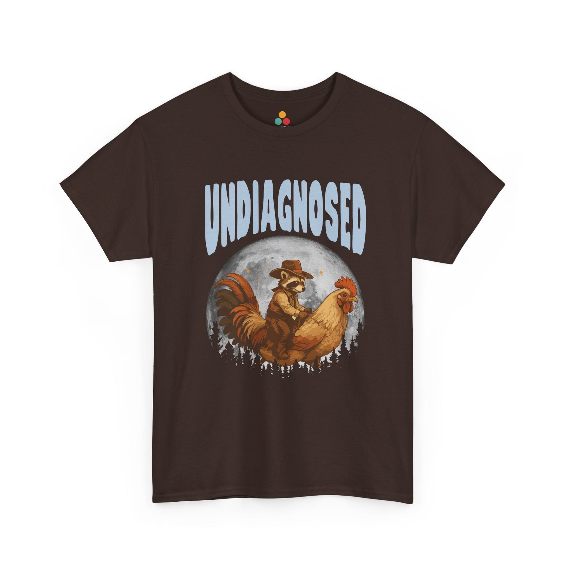 "Brown graphic tee featuring 'Undiagnosed' retro western design with illustrated figures and desert background, flat front."
