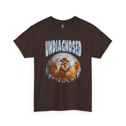 "Brown graphic tee featuring 'Undiagnosed' retro western design with illustrated figures and desert background, flat front."
