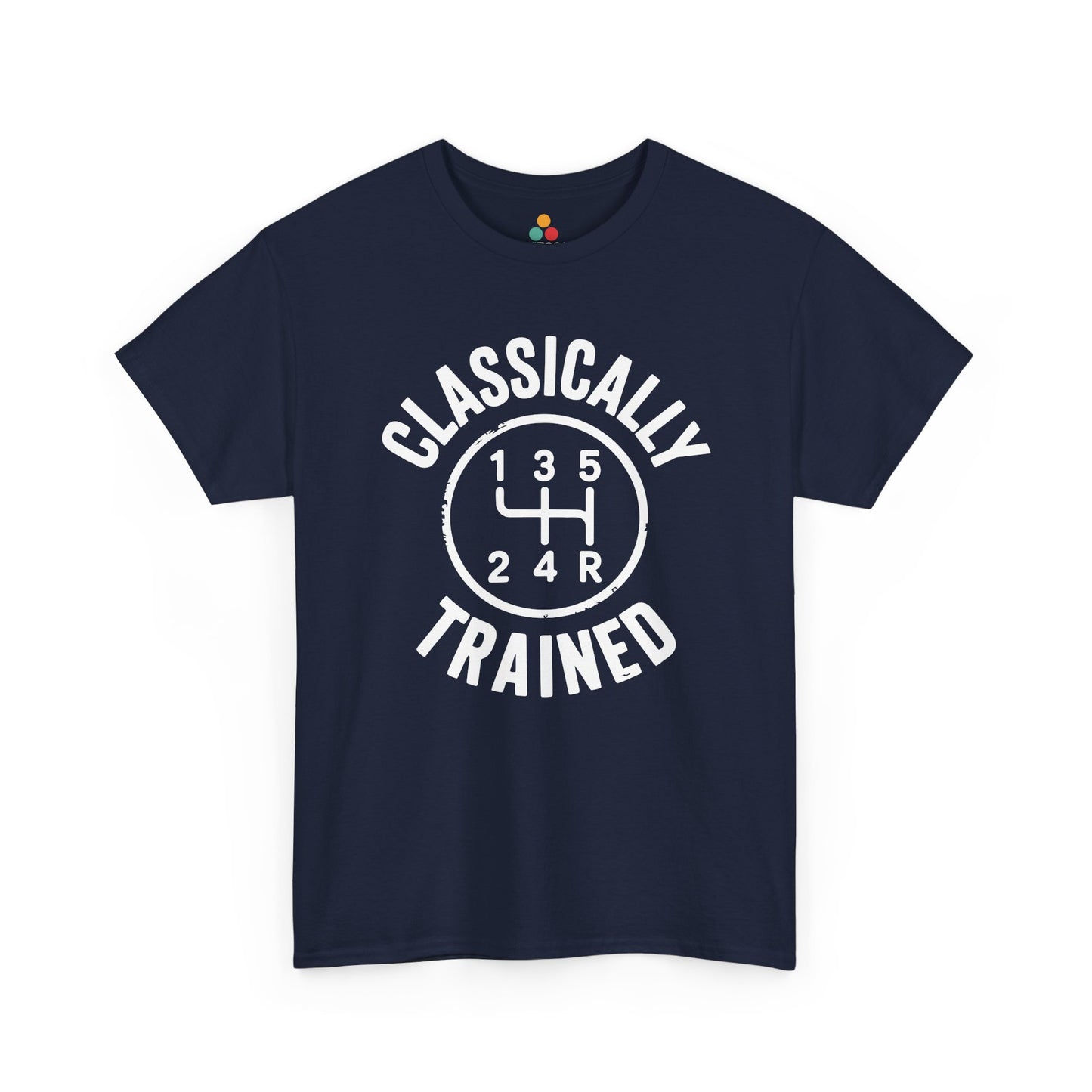 Navy t‑shirt with white “Classically Trained” manual transmission diagram, flat front view.​