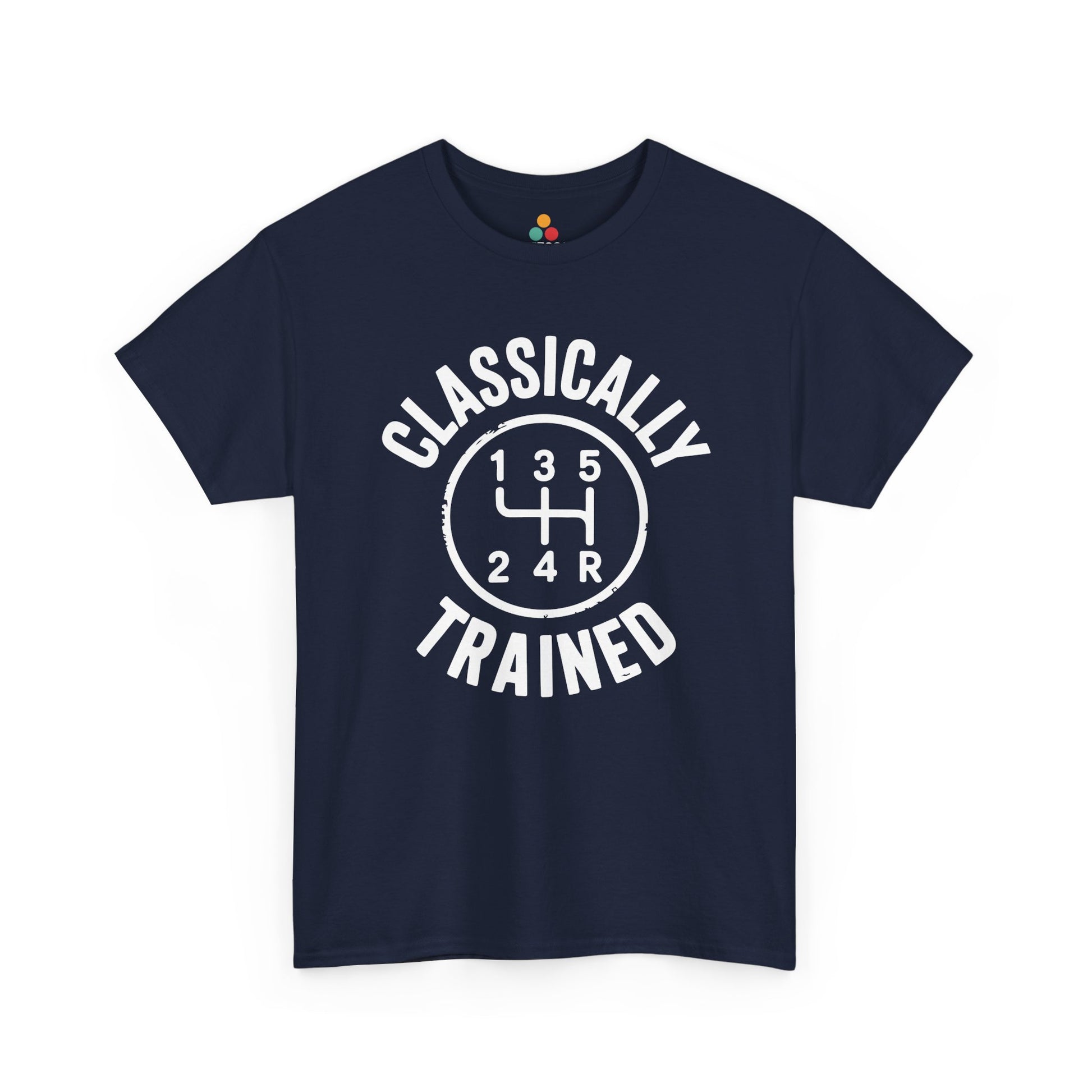 Navy t‑shirt with white “Classically Trained” manual transmission diagram, flat front view.​