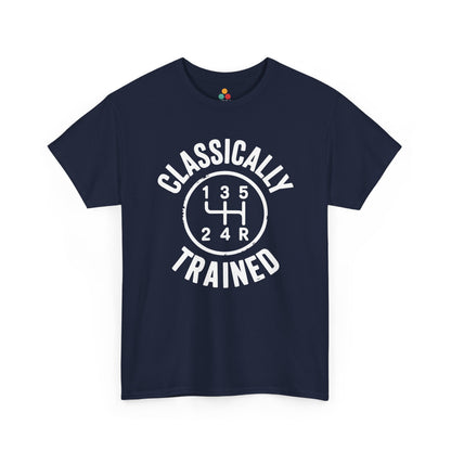 Navy t‑shirt with white “Classically Trained” manual transmission diagram, flat front view.​