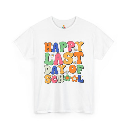 “Teezoca Happy Last Day of School shirt, colorful groovy bubble letters with flowers, white tee, front view.”

