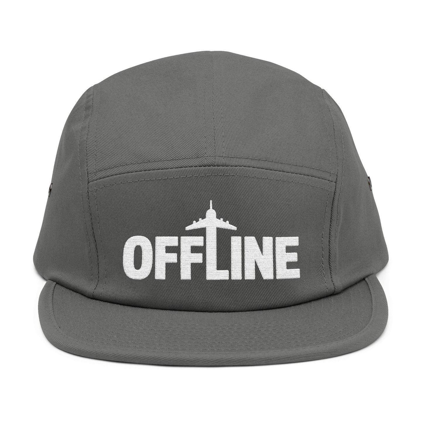 Gray cap with 'OFFLINE' text on a white background. Embroidered OFFLINE airplane graphic on black 5-panel cap. TEEZOCA