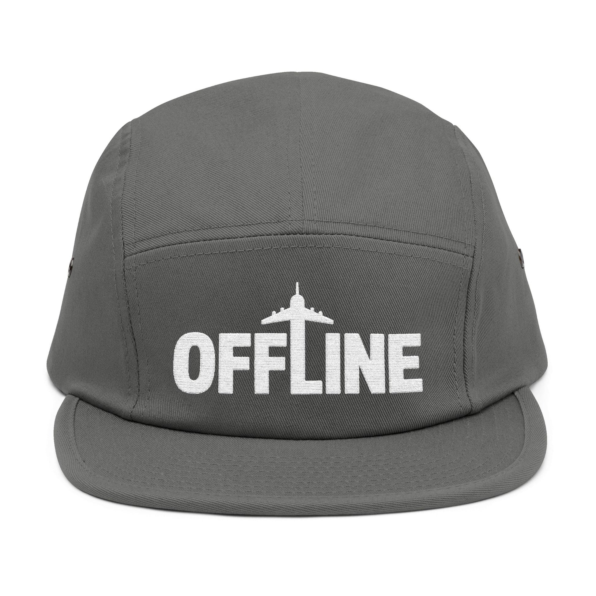 Gray cap with 'OFFLINE' text on a white background. Embroidered OFFLINE airplane graphic on black 5-panel cap. TEEZOCA