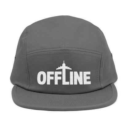 Gray cap with 'OFFLINE' text on a white background. Embroidered OFFLINE airplane graphic on black 5-panel cap. TEEZOCA