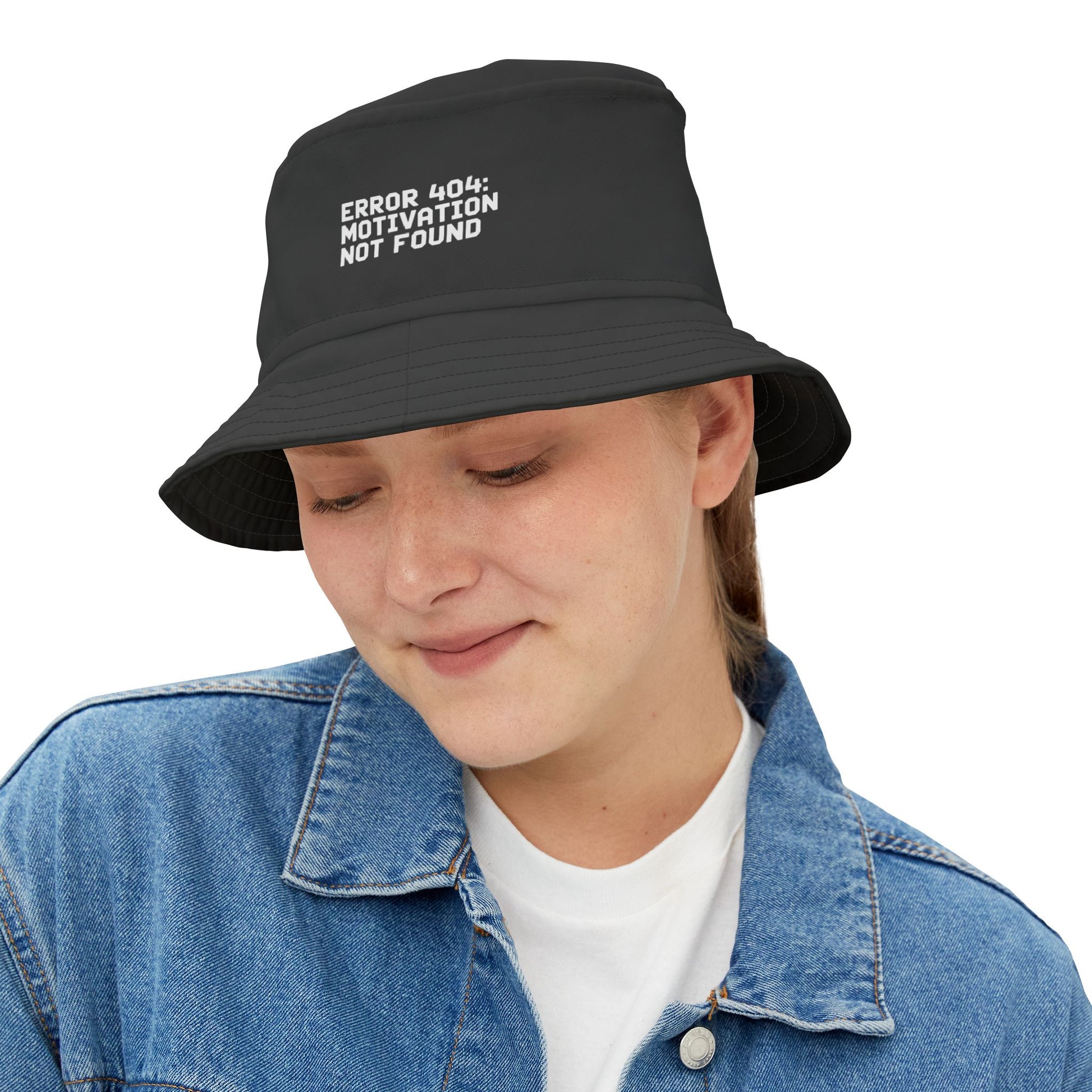 Funny sarcastic black bucket hat with 'ERROR 404: MOTIVATION NOT FOUND' text on a white background. TEEZOCA