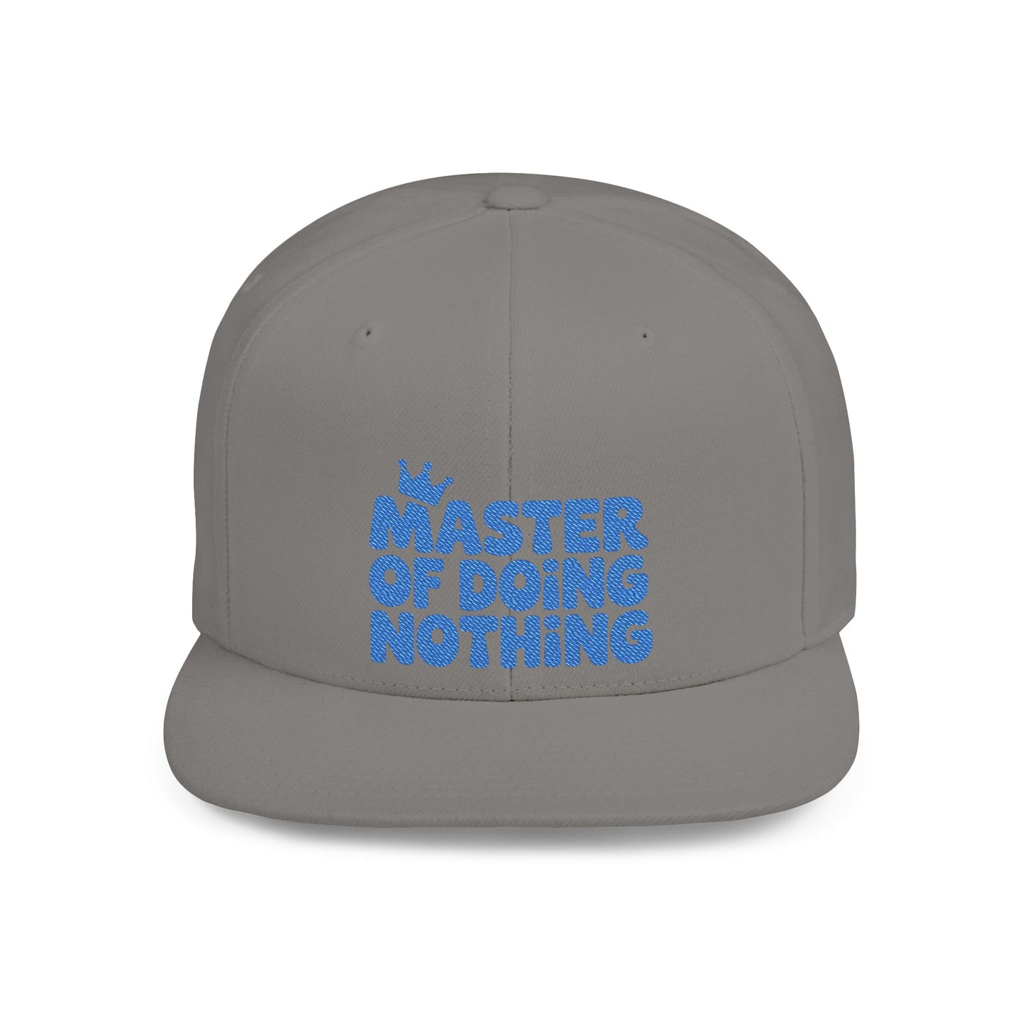Gray cap with blue text 'Master of Doing Nothing' on a white background