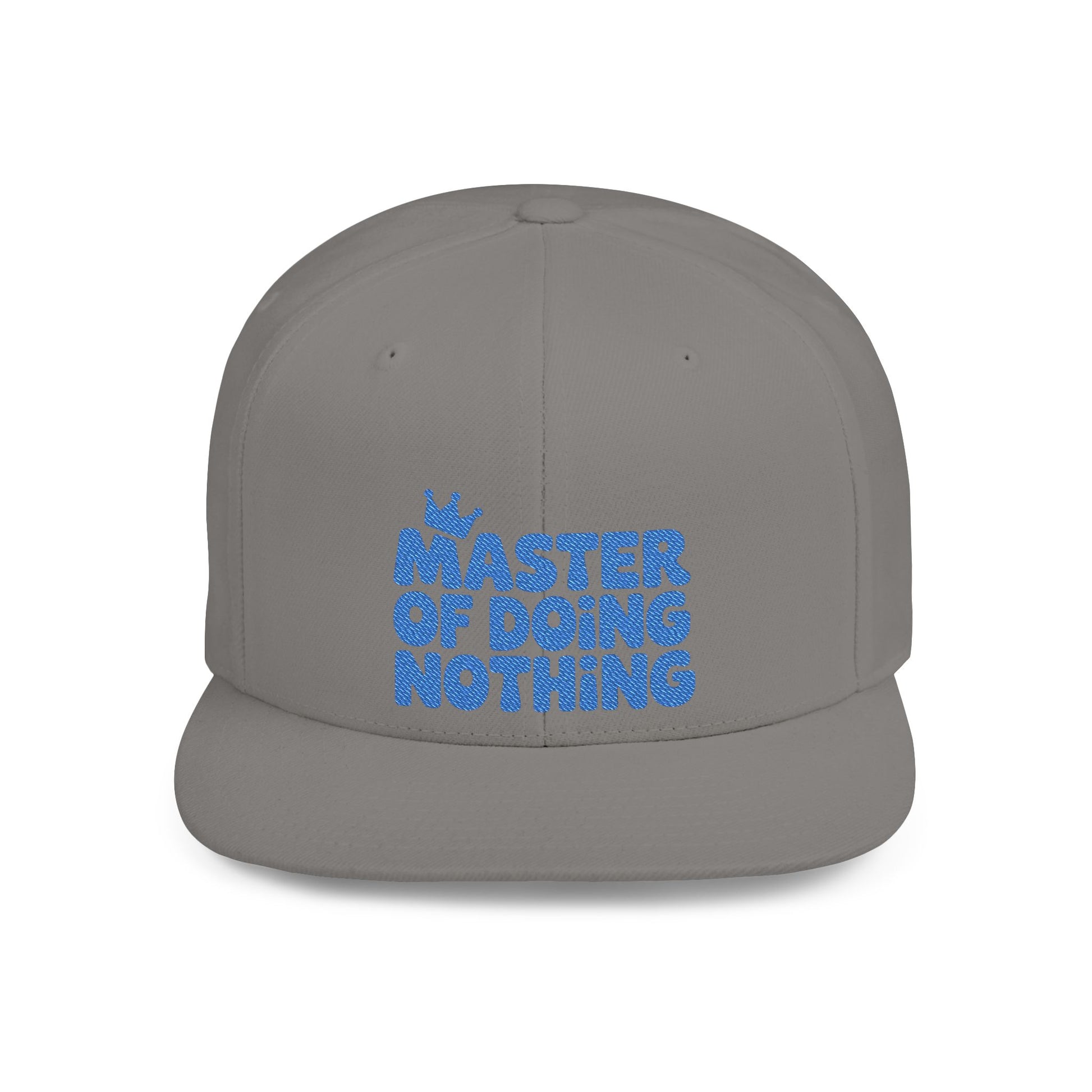 Gray cap with blue text 'Master of Doing Nothing' on a white background