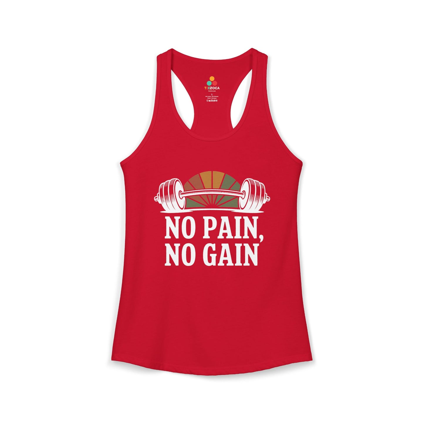Red tank top with 'No Pain, No Gain' text and barbell graphic on a white background. TEEZOCA women’s gym tank top with bold strength training and fitness quote design