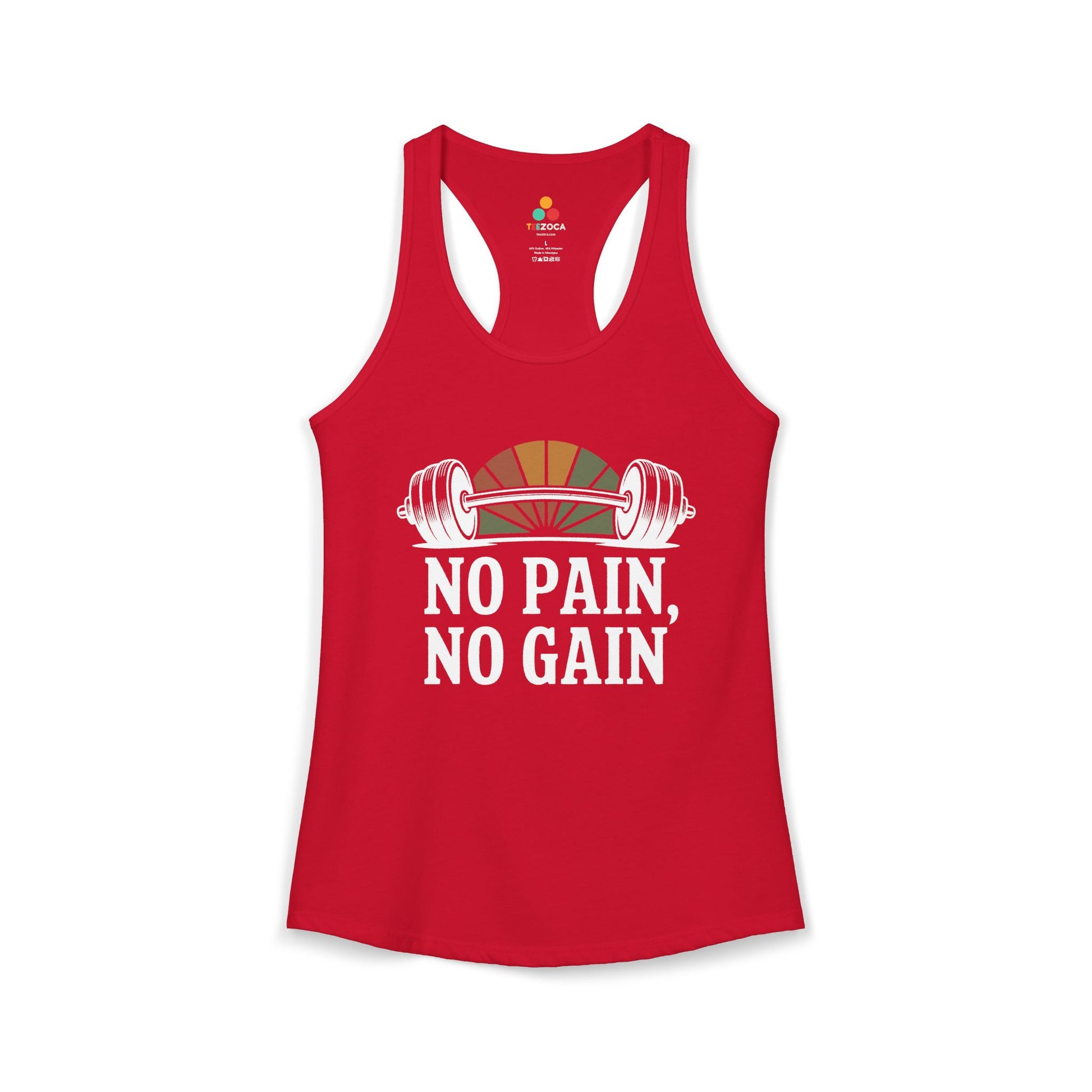 Red tank top with 'No Pain, No Gain' text and barbell graphic on a white background. TEEZOCA women’s gym tank top with bold strength training and fitness quote design