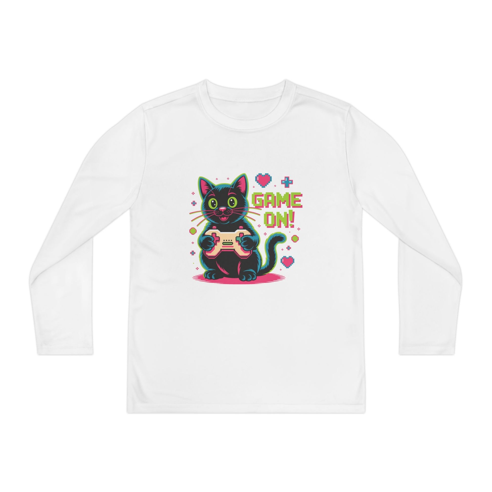 Youth Long Sleeve Tee — "Game On!" Gamer Cat Graphic TEEZOCA