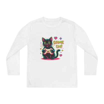 Youth Long Sleeve Tee — "Game On!" Gamer Cat Graphic TEEZOCA