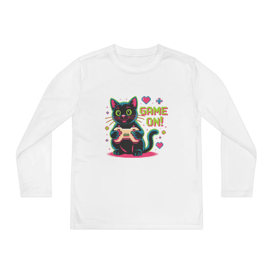 Youth Long Sleeve Tee — "Game On!" Gamer Cat Graphic TEEZOCA