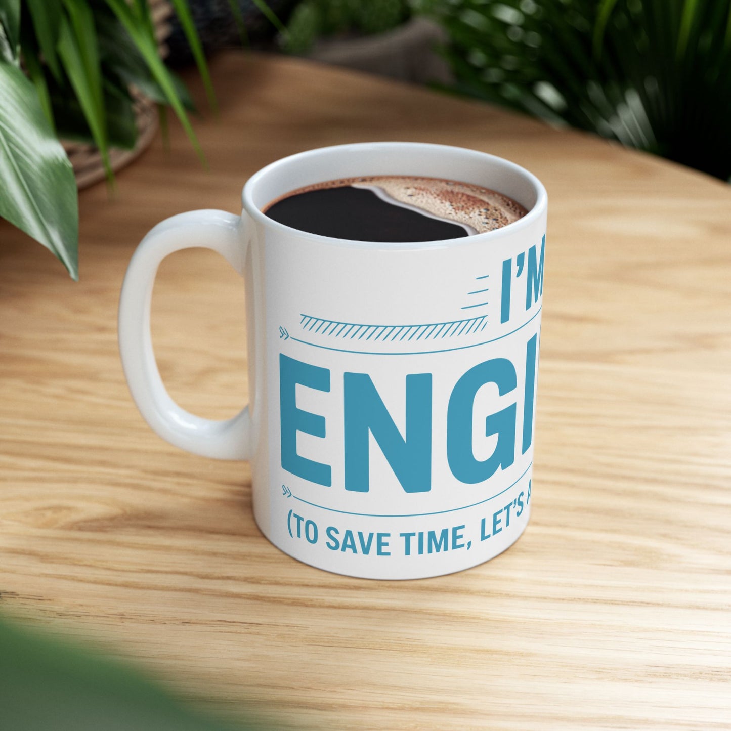 TEEZOCA statement mug with I’m an Engineer text and graphic lines