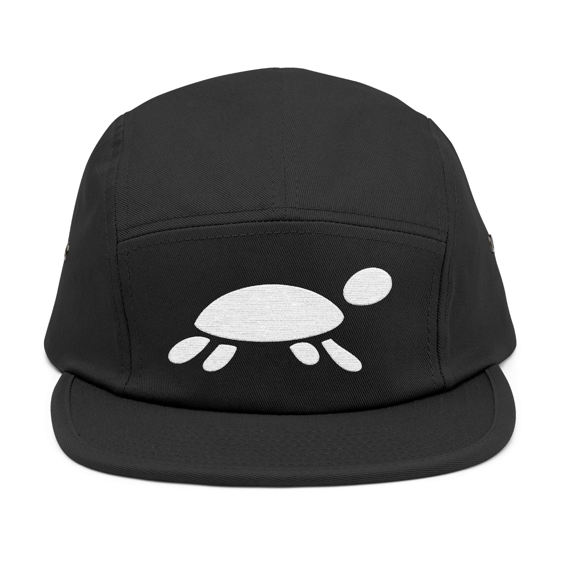 Black cap with a white turtle design on a white background. Minimalist turtle outline embroidery design for 5-panel caps by TEEZOCA