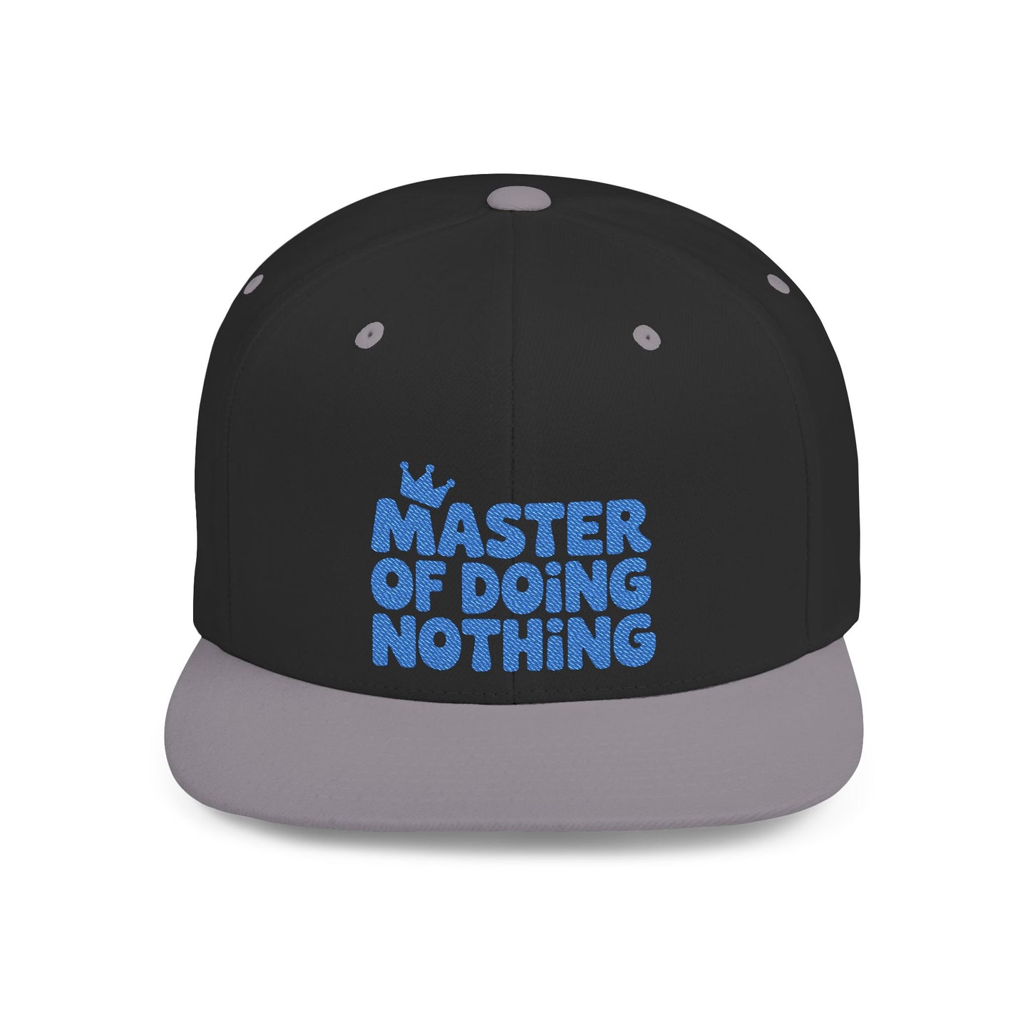 Black and gray cap with blue text 'Master of Doing Nothing' on a white background
