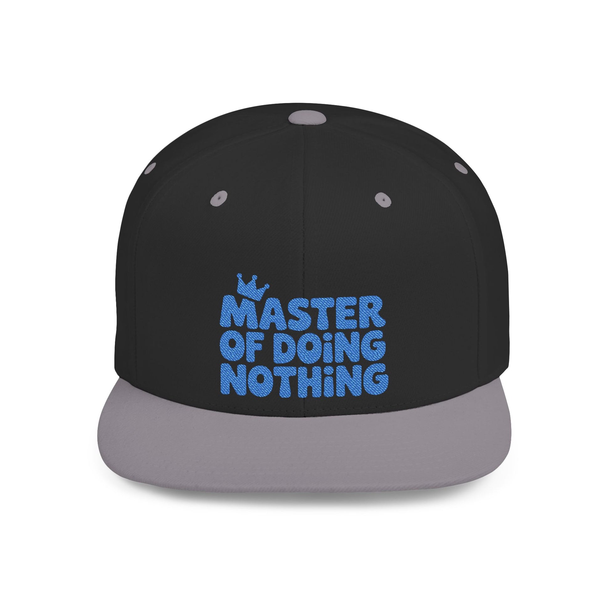Black and gray cap with blue text 'Master of Doing Nothing' on a white background