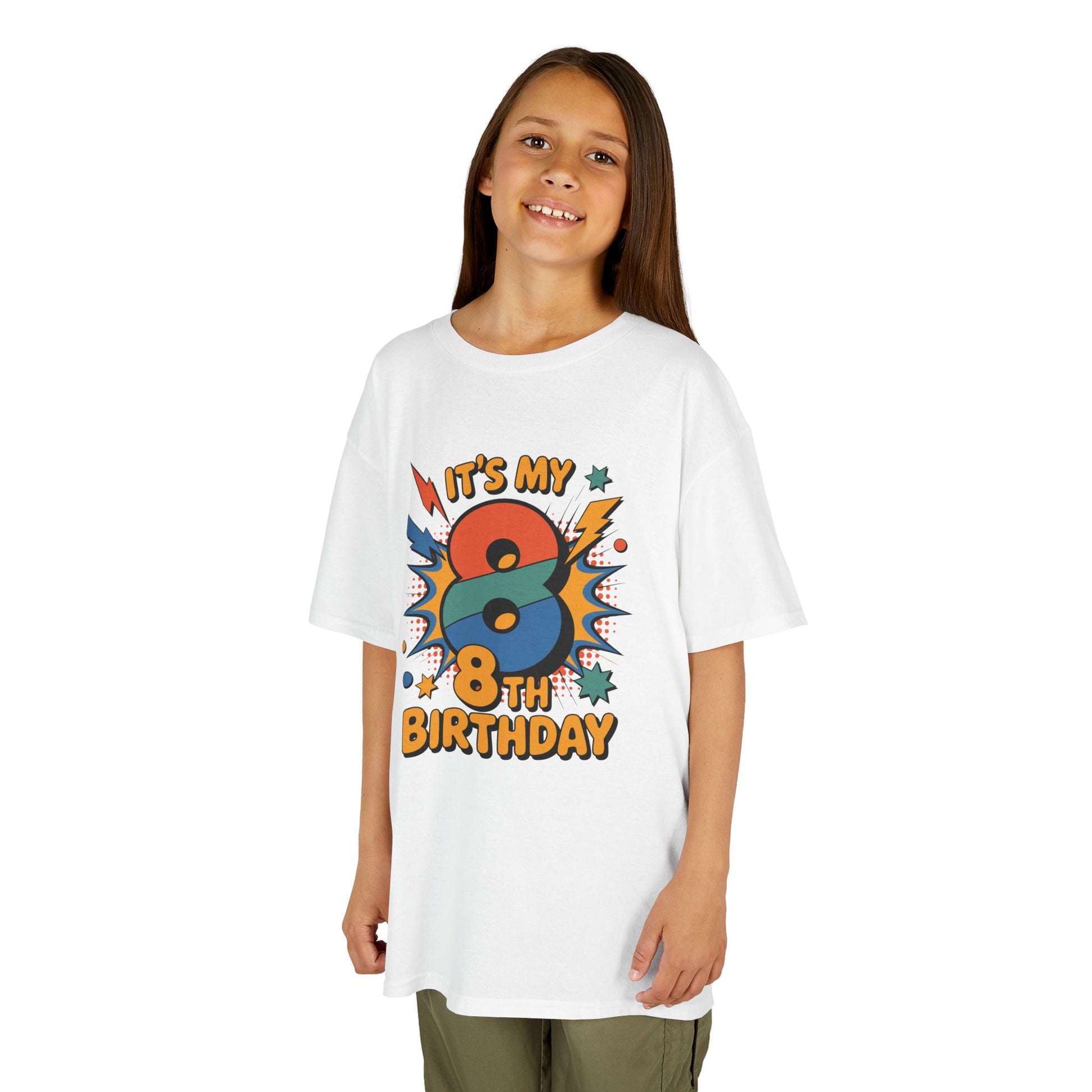 “Girl wearing white ‘It’s My 8th Birthday’ comic explosion shirt, retro pop‑art 8th birthday tee, front view.”

