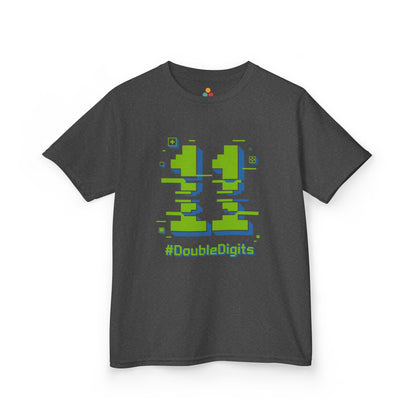 Charcoal grey kids’ t‑shirt with neon green and blue pixel number 11 and “#DoubleDigits” gamer text, flat front view.