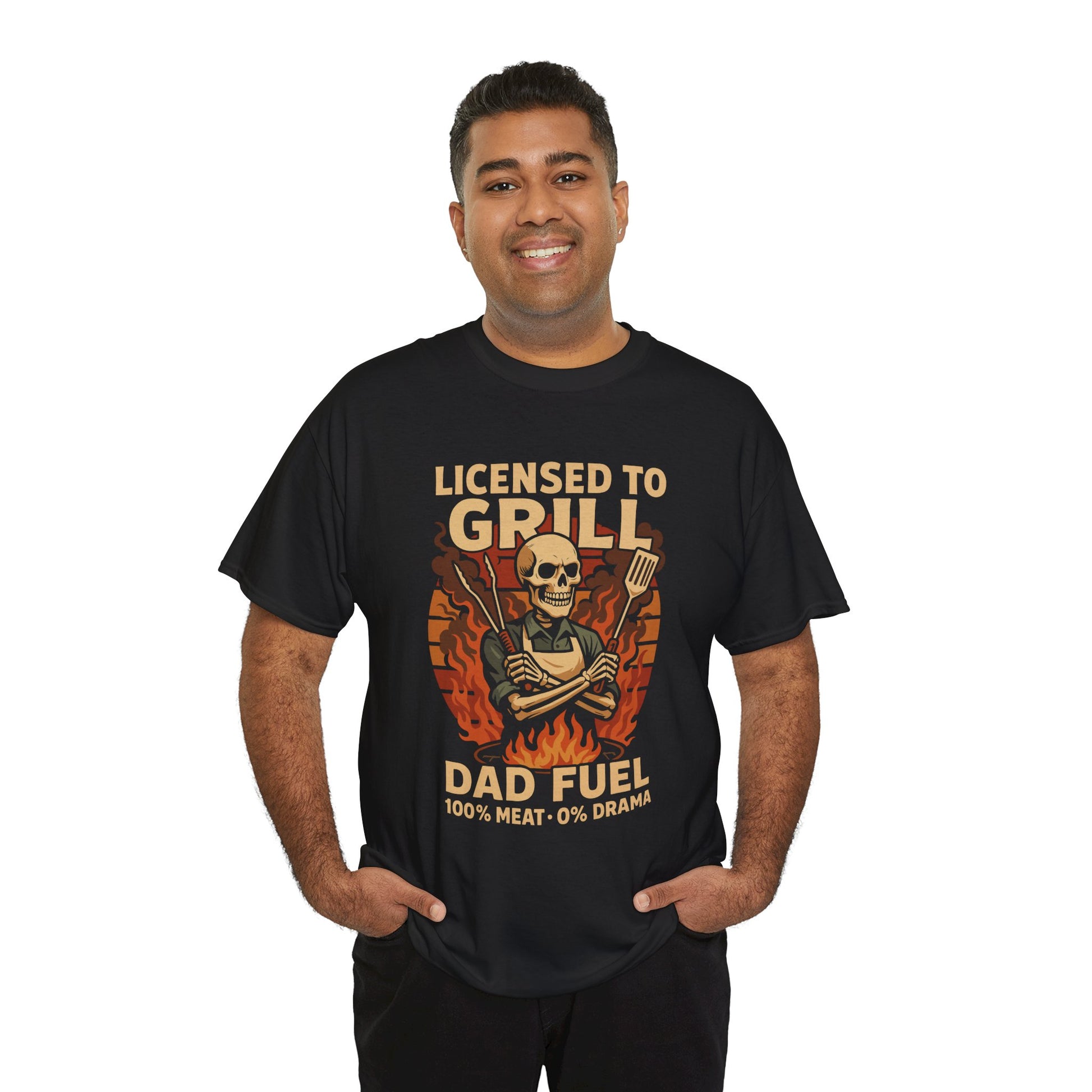 "Man wearing black 'Licensed to Grill – Dad Fuel' skeleton BBQ t‑shirt, front view."


