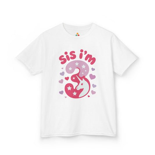 "White kids t‑shirt with pink and purple 'Sis I'm 3' unicorn design surrounded by hearts and stars, flat front view."

