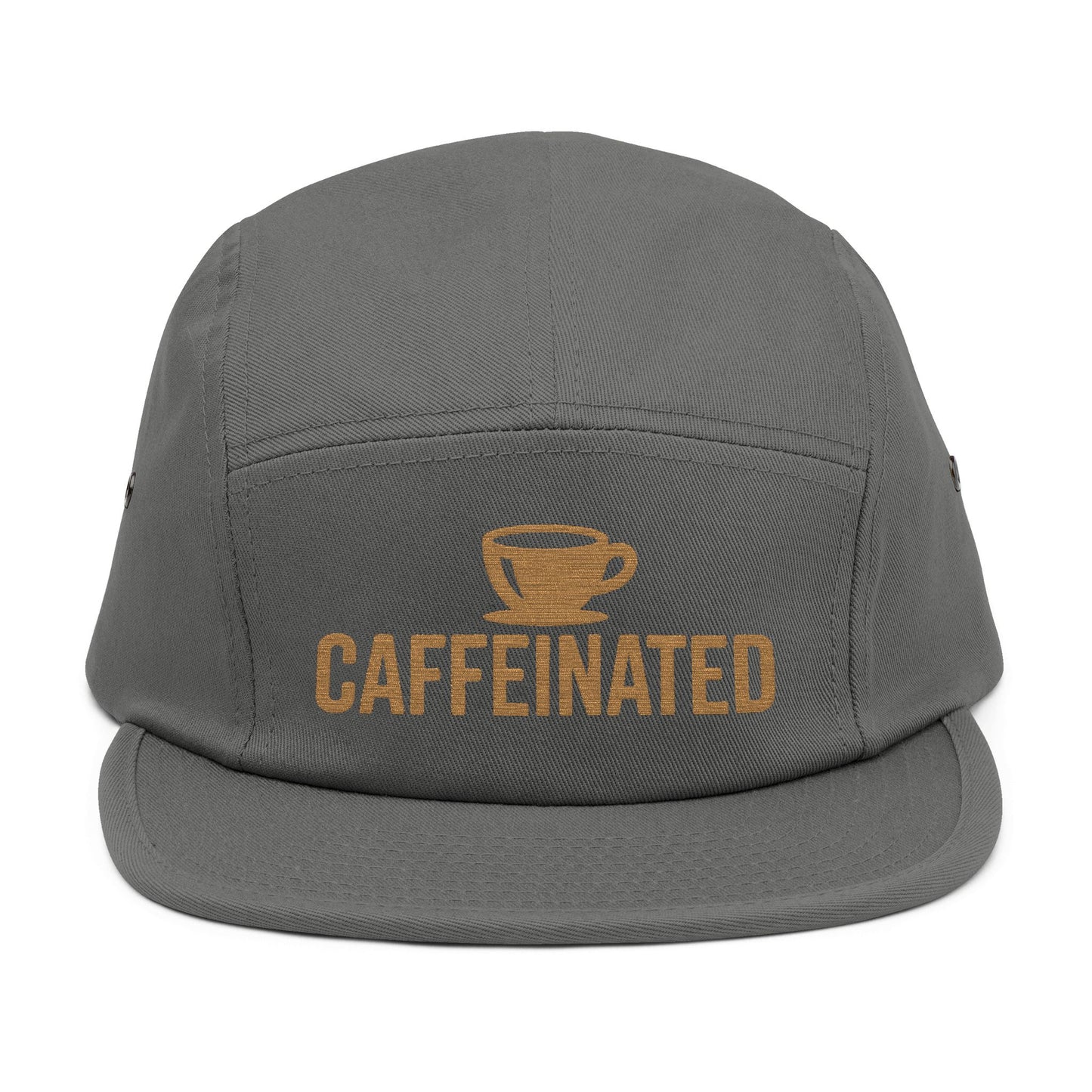Gray cap with 'CAFFEINATED' text and coffee cup graphic on a white background. Caffeinated coffee cup icon embroidered design on five-panel cap. TEEZOCA
