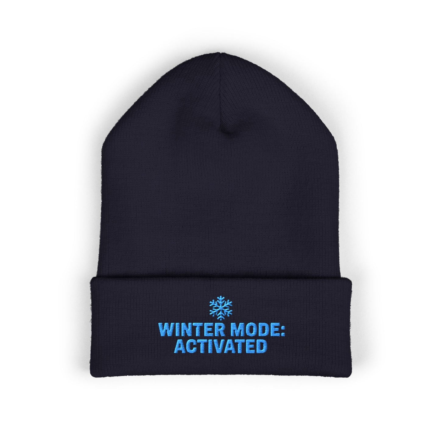 Black beanie with blue text 'Winter Mode: Activated' on a white background. Cuffed winter hat with light-blue snowflake and seasonal slogan