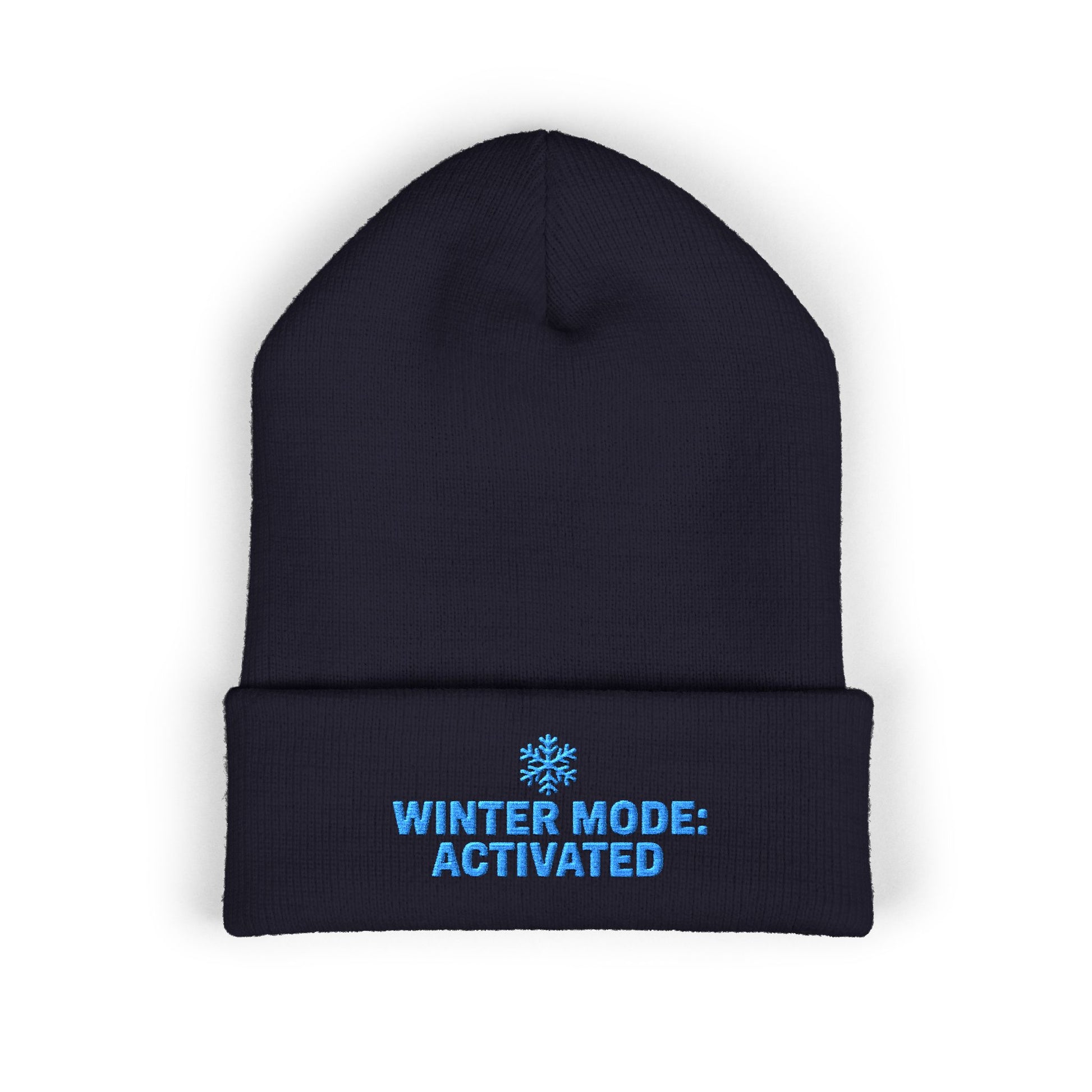 Black beanie with blue text 'Winter Mode: Activated' on a white background. Cuffed winter hat with light-blue snowflake and seasonal slogan