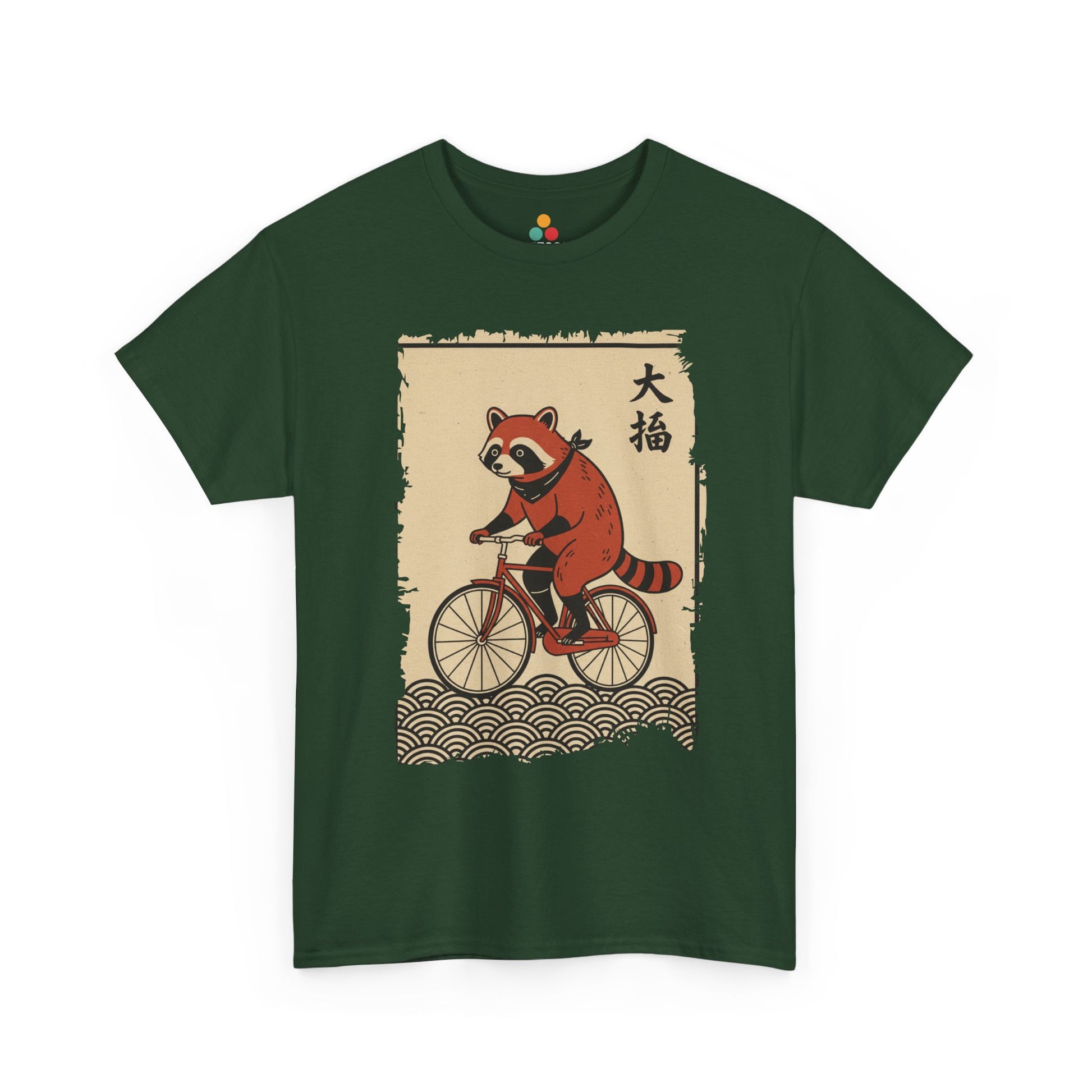 Vintage Japanese ukiyo-e style raccoon riding a bicycle in Green  tee shirt with waves and calligraphy on parchment background 