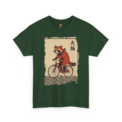 Vintage Japanese ukiyo-e style raccoon riding a bicycle in Green  tee shirt with waves and calligraphy on parchment background 