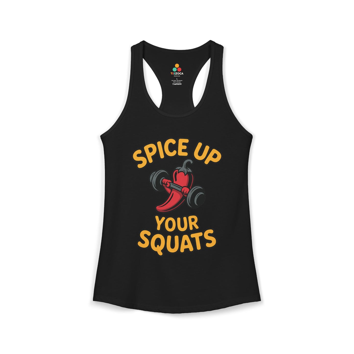 Black tank top with 'Spice Up Your Squats' text and red pepper graphic on a white background. TEEZOCA women’s fitness tank top with “Spice Up Your Squats” chili pepper gym design