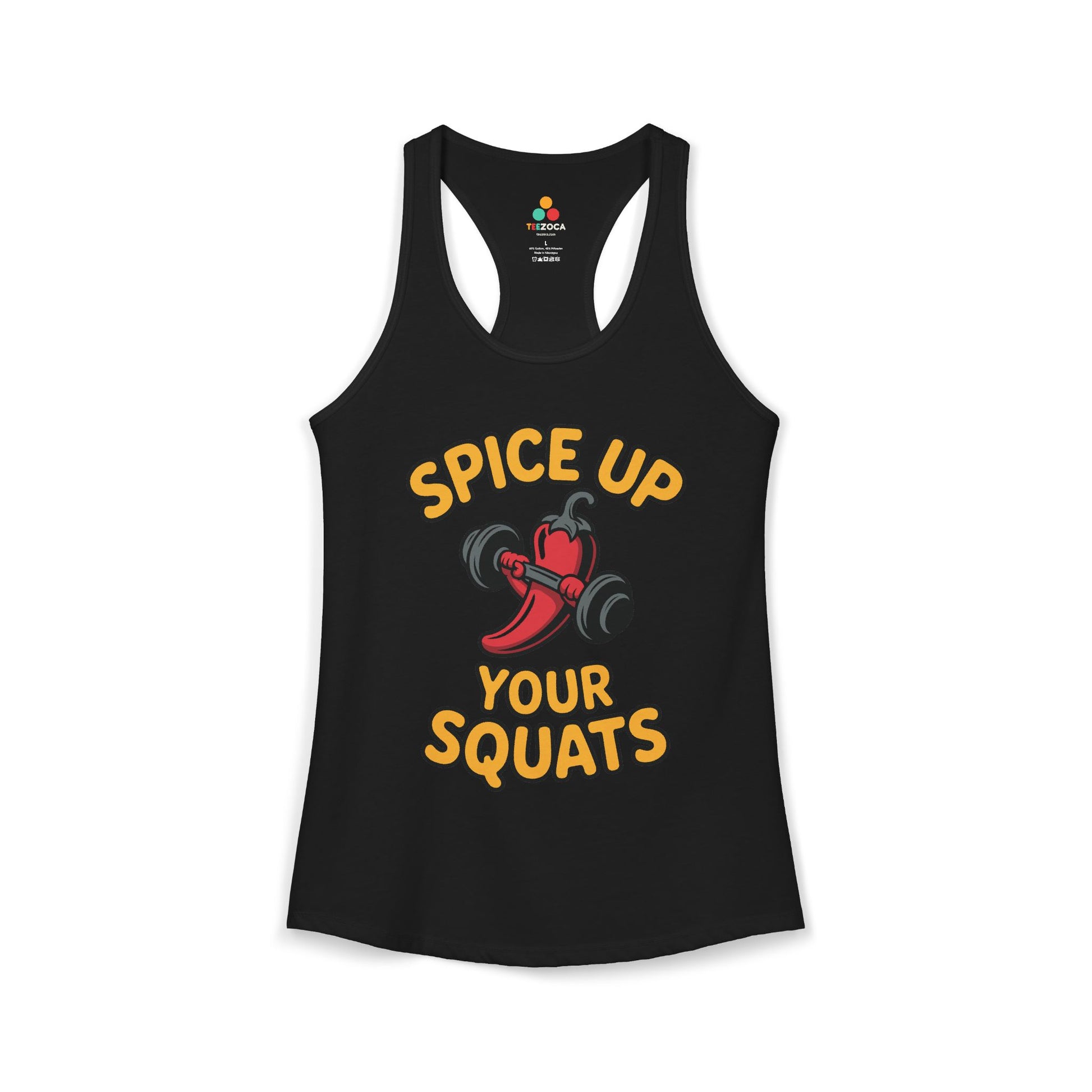 Black tank top with 'Spice Up Your Squats' text and red pepper graphic on a white background. TEEZOCA women’s fitness tank top with “Spice Up Your Squats” chili pepper gym design